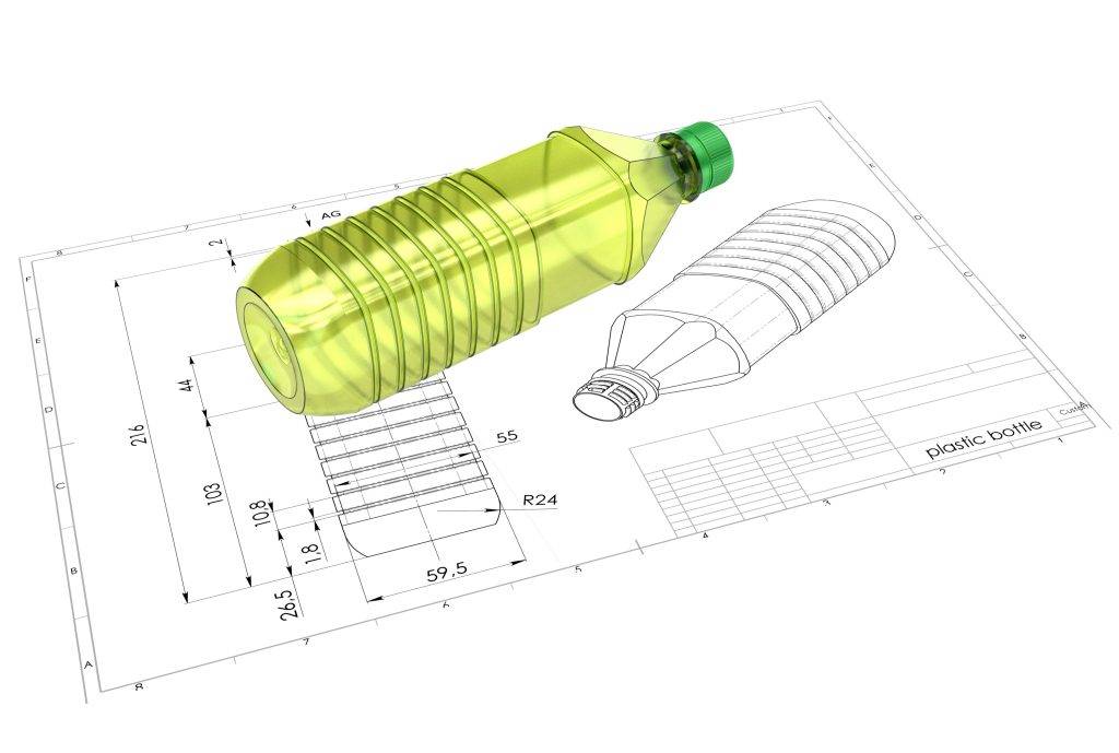 3d Illustration Of Plastic Bottle Above Engineering Drawing