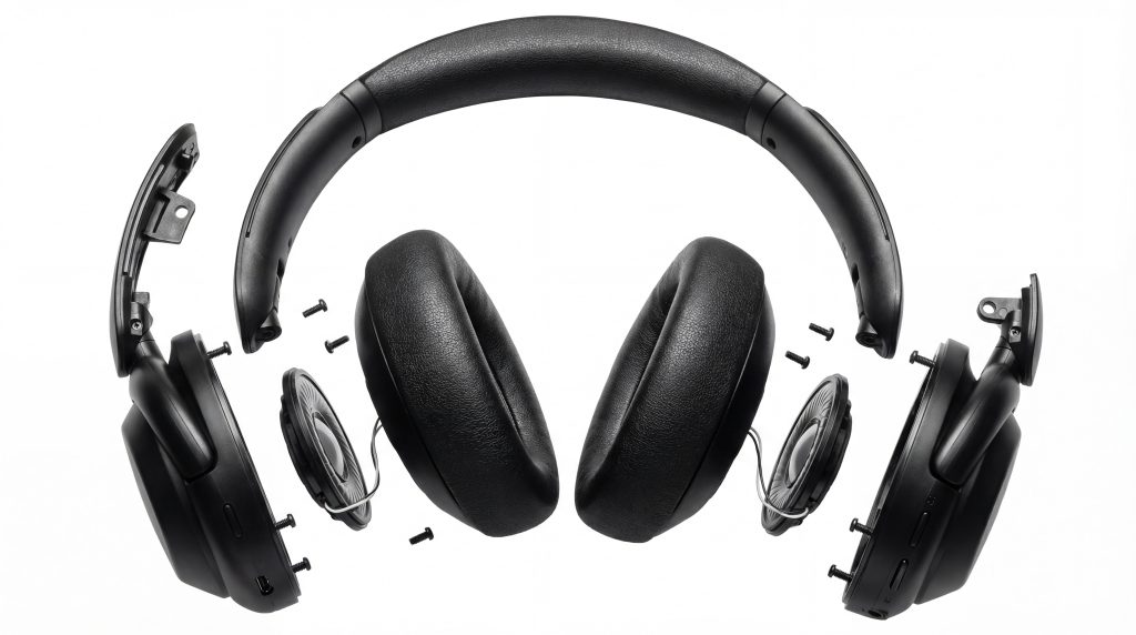 Articulated Exploded View Of Black Over Ear Headphones, Highlighting Detachable Earcups, Drivers, Headband, And Screws, Isolated On A Clean White Studio Background For Clear Component Inspection.