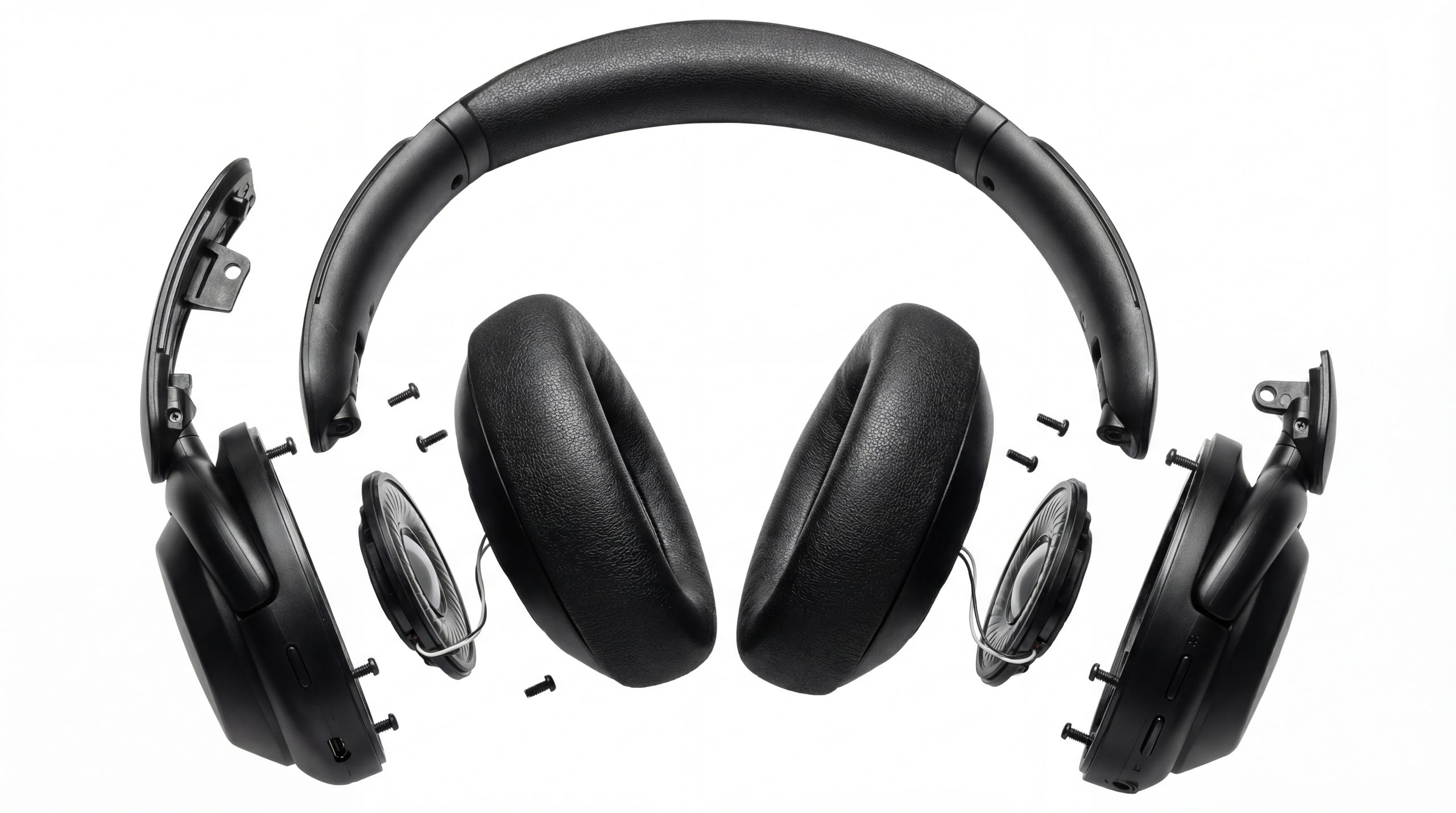 Articulated Exploded View Of Black Over Ear Headphones, Highlighting Detachable Earcups, Drivers, Headband, And Screws, Isolated On A Clean White Studio Background For Clear Component Inspection.